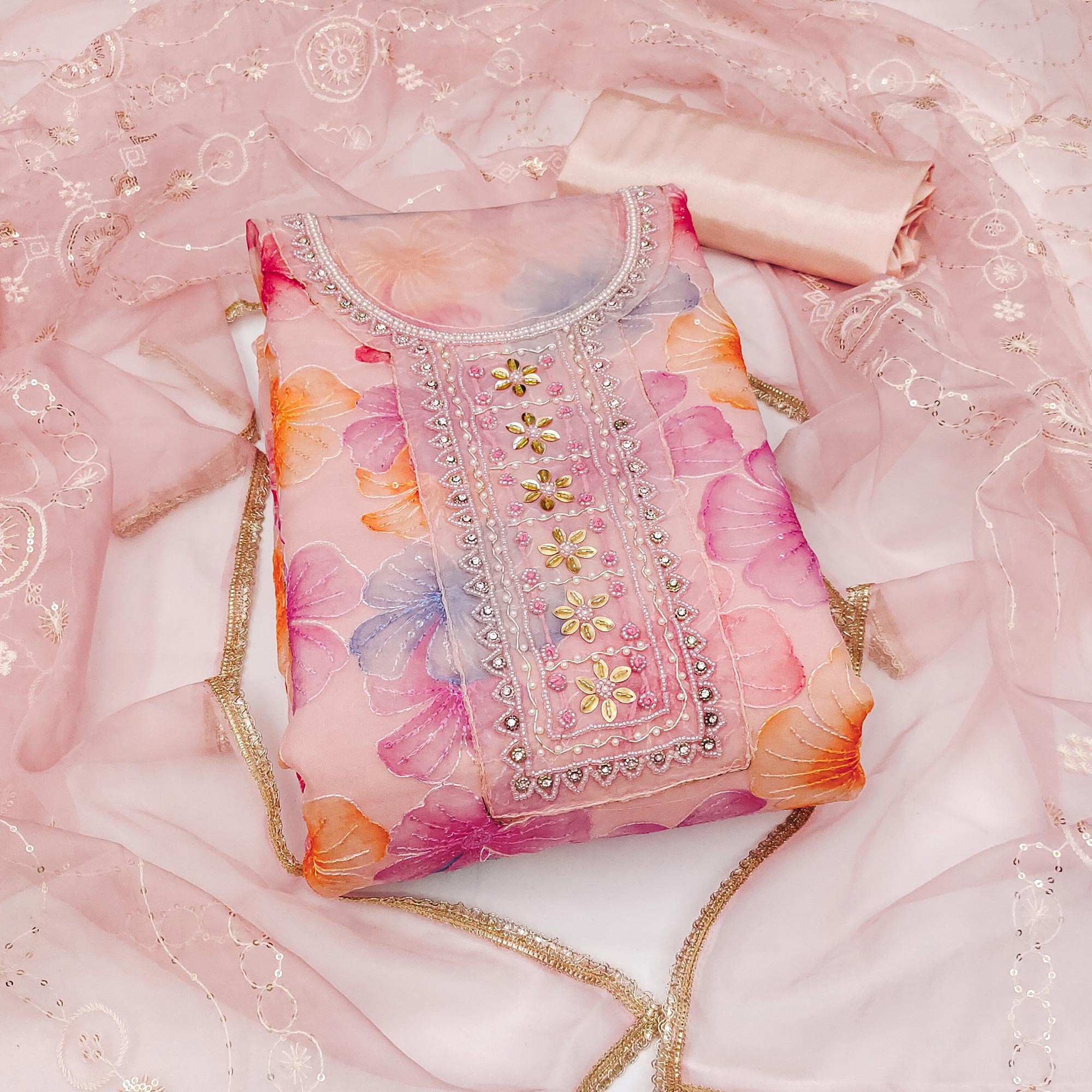 Peach Floral Sequins Embroidery With Handwork Organza Dress Material