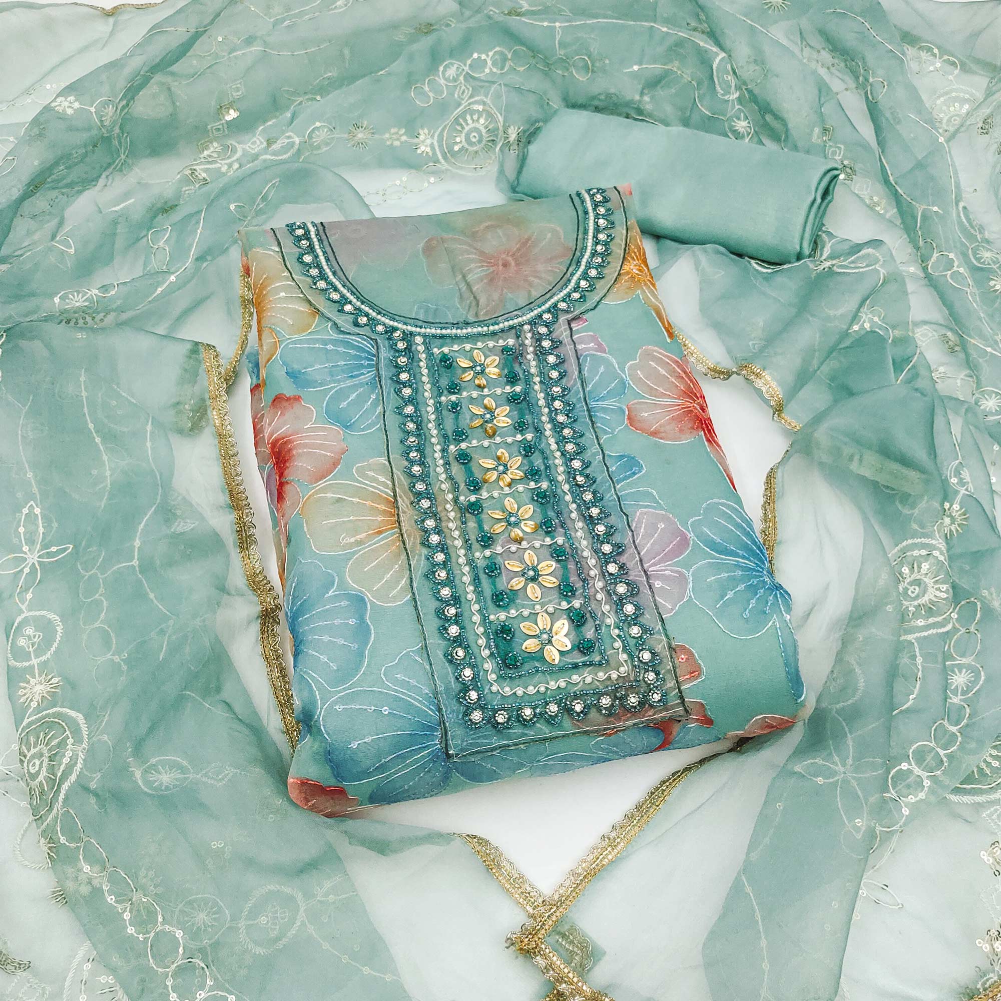 Turquoise Floral Sequins Embroidery With Handwork Organza Dress Material