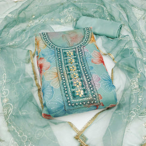 Turquoise Floral Sequins Embroidery With Handwork Organza Dress Material