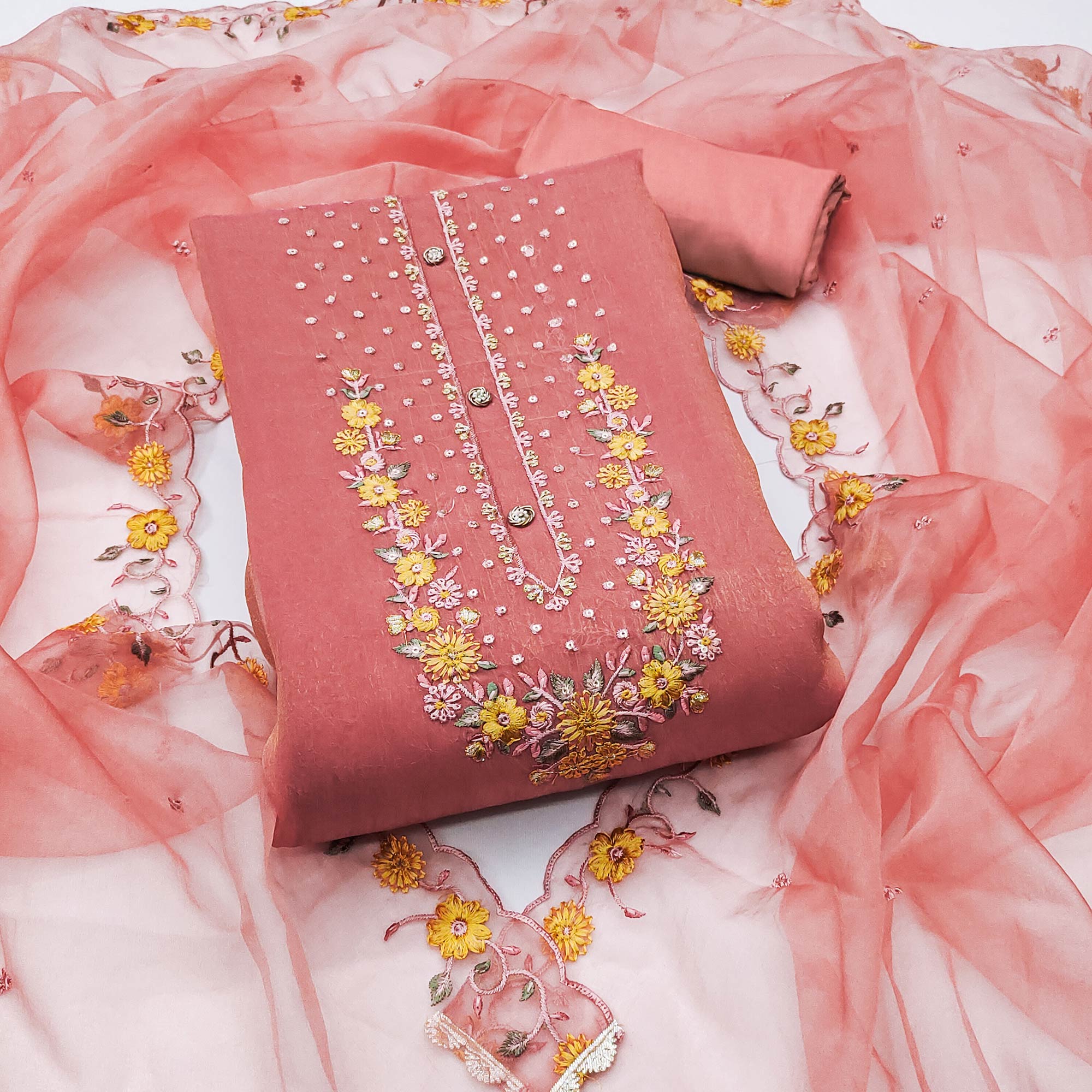Peach Floral Sequins Embroidered Viscose Dress Material