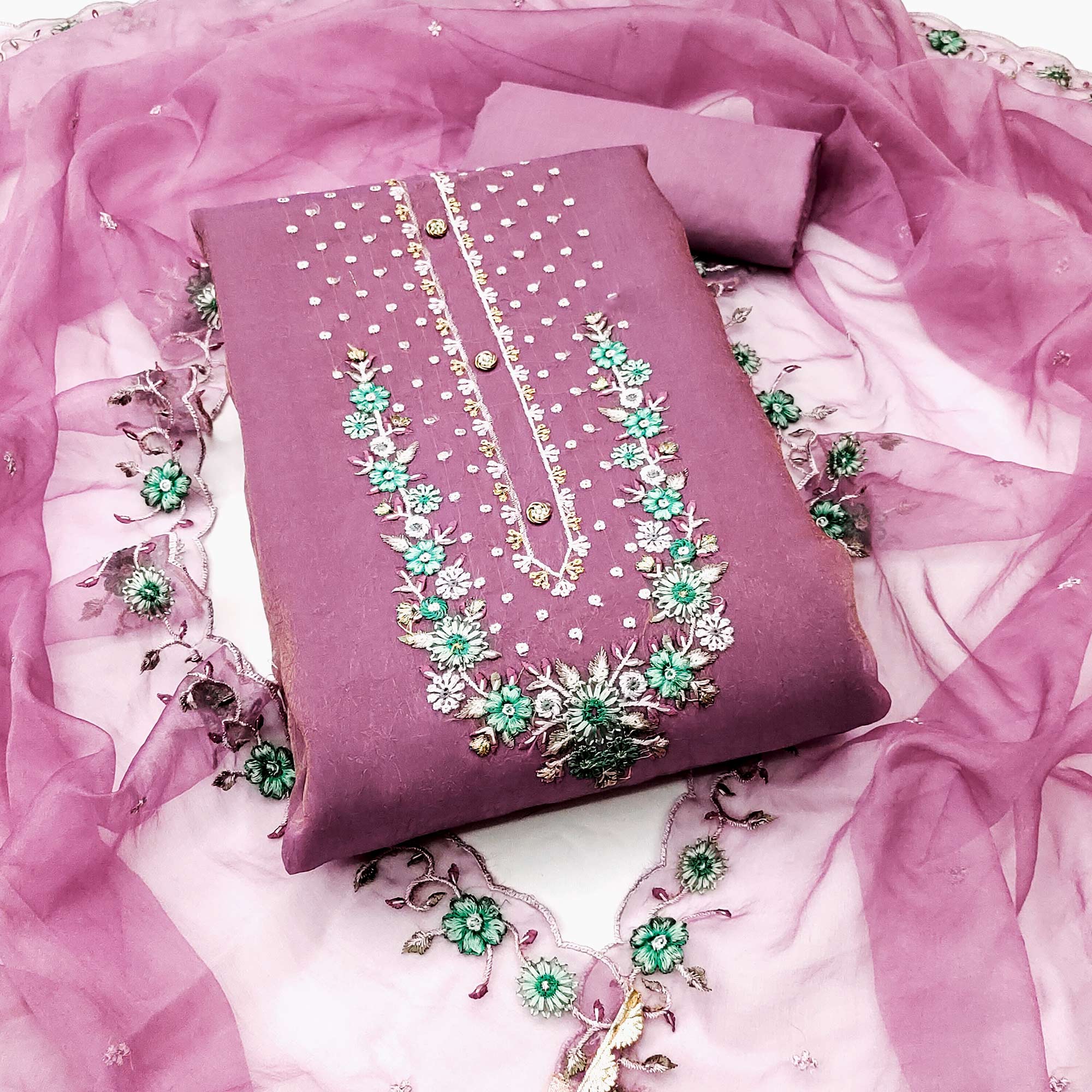 Purple Floral Sequins Embroidered Viscose Dress Material