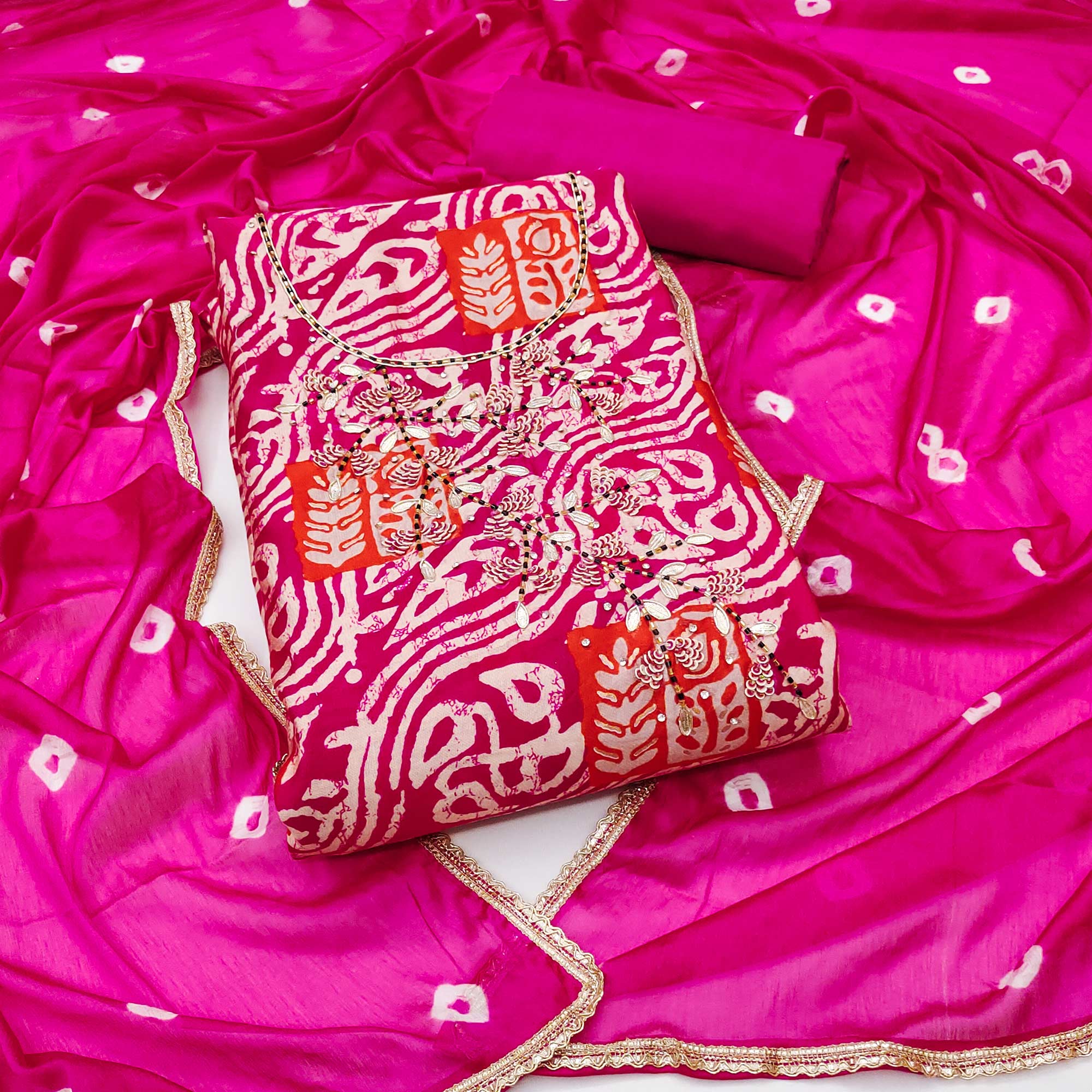 Pink Printed With Handwork Cotton Silk Dress Material