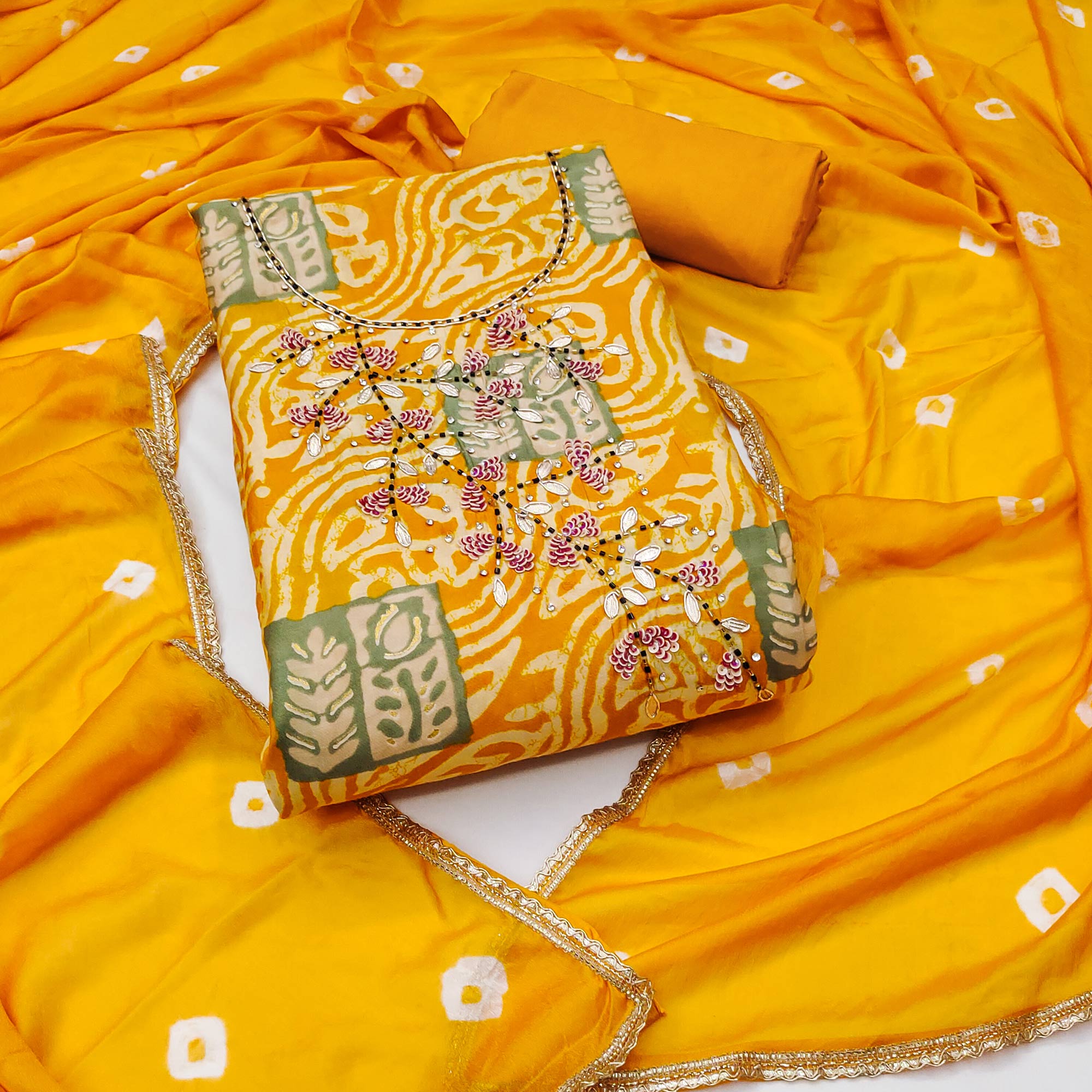 Yellow Printed With Handwork Cotton Silk Dress Material