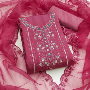 Pink Floral Embroidery With Stonework Roman Cotton Silk Dress Material