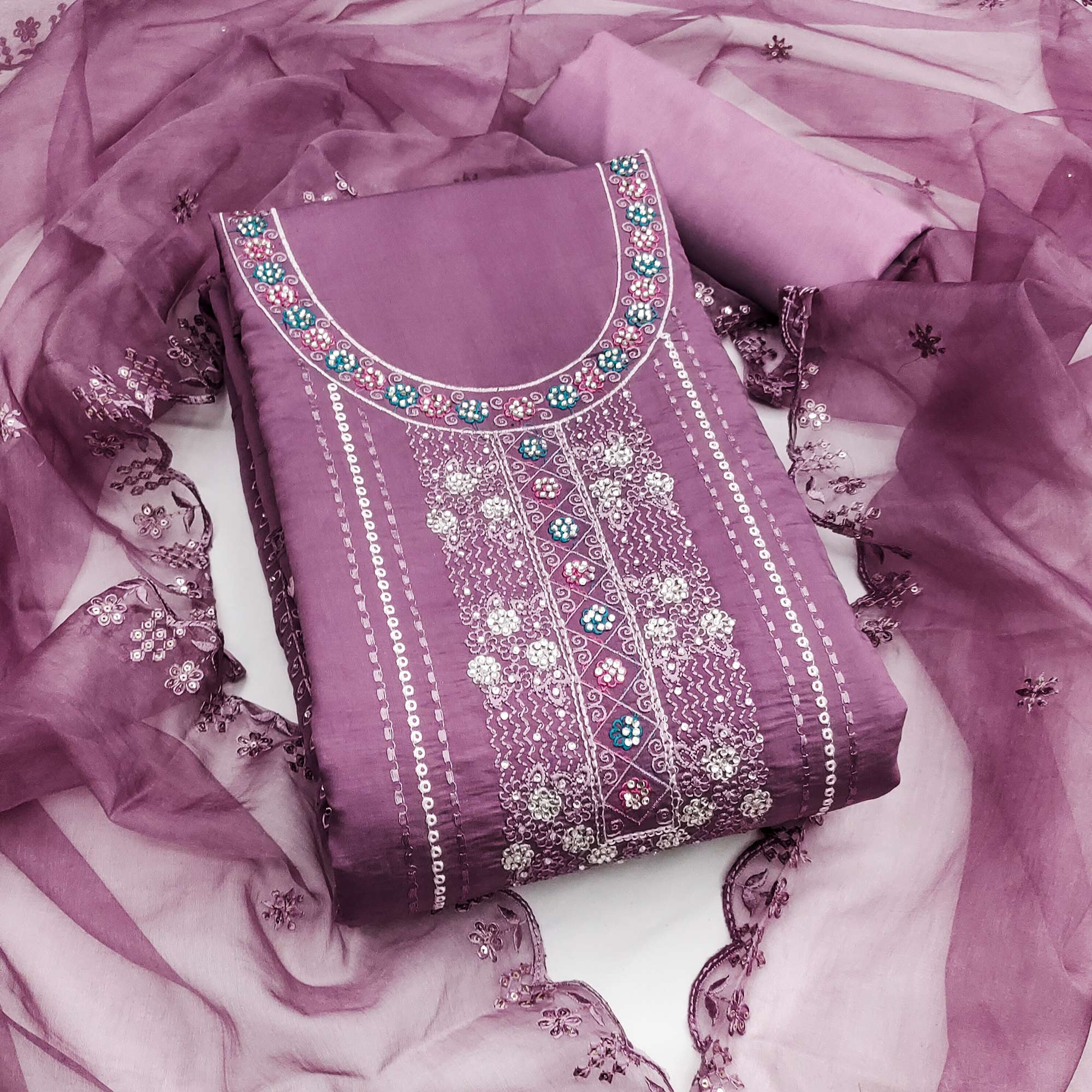 Purple Floral Embroidery With Stonework Roman Cotton Silk Dress Material