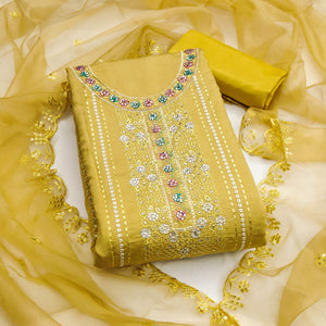 Yellow Floral Embroidery With Stonework Roman Cotton Silk Dress Material