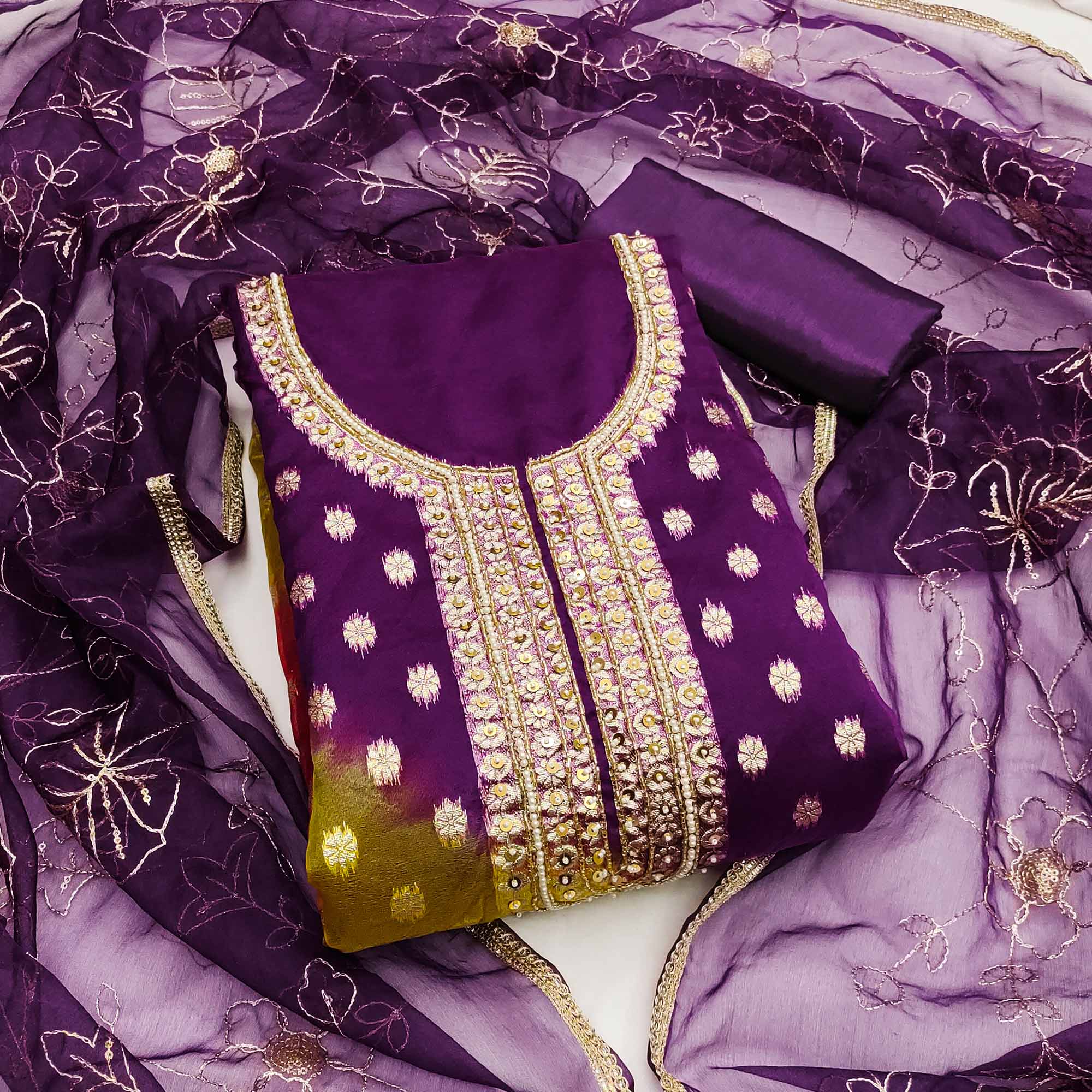 Purple Floral Woven With Handwork Organza Banarasi Dress Material