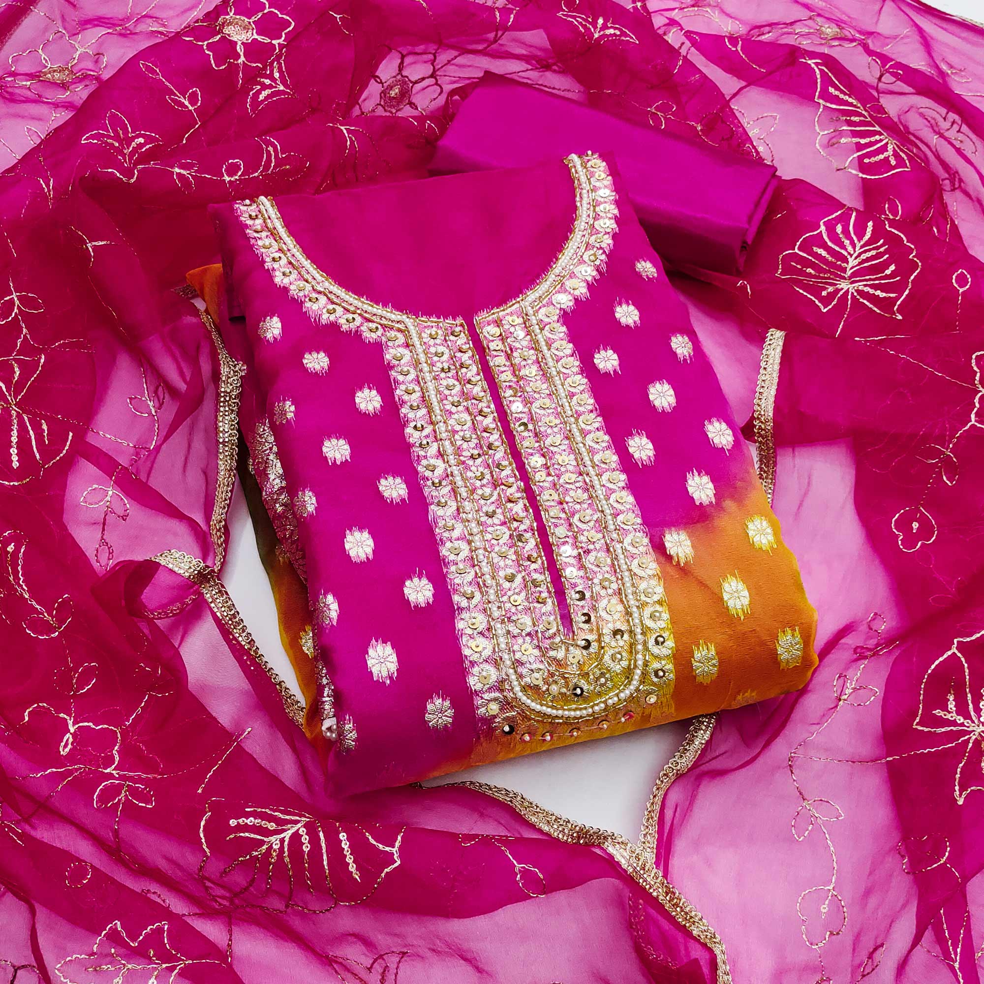 Rani Pink Floral Woven With Handwork Organza Banarasi Dress Material