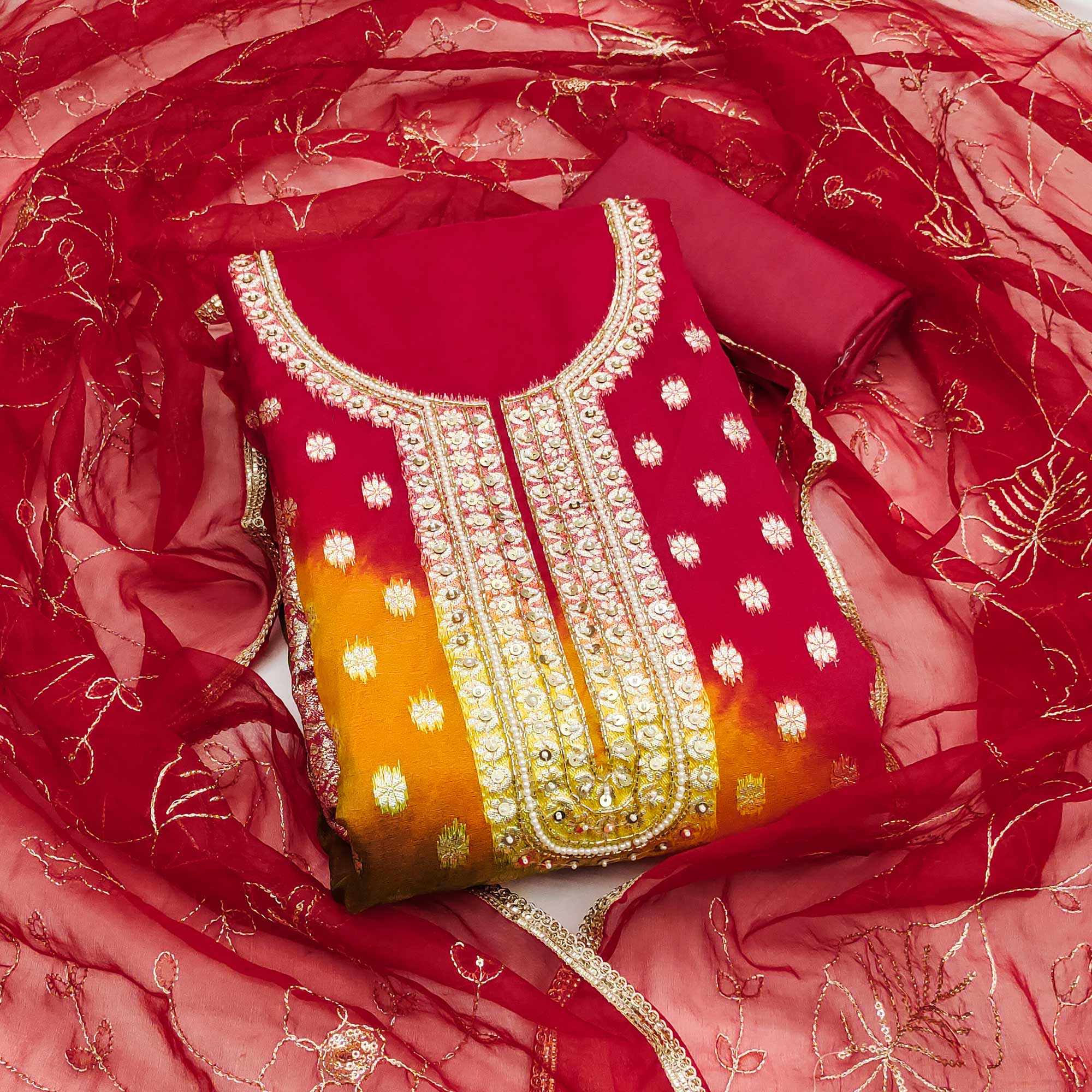 Red Floral Woven With Handwork Organza Banarasi Dress Material