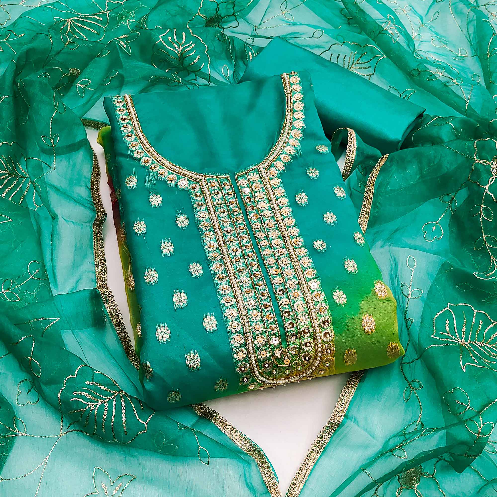 Rama Green Floral Woven With Handwork Organza Banarasi Dress Material