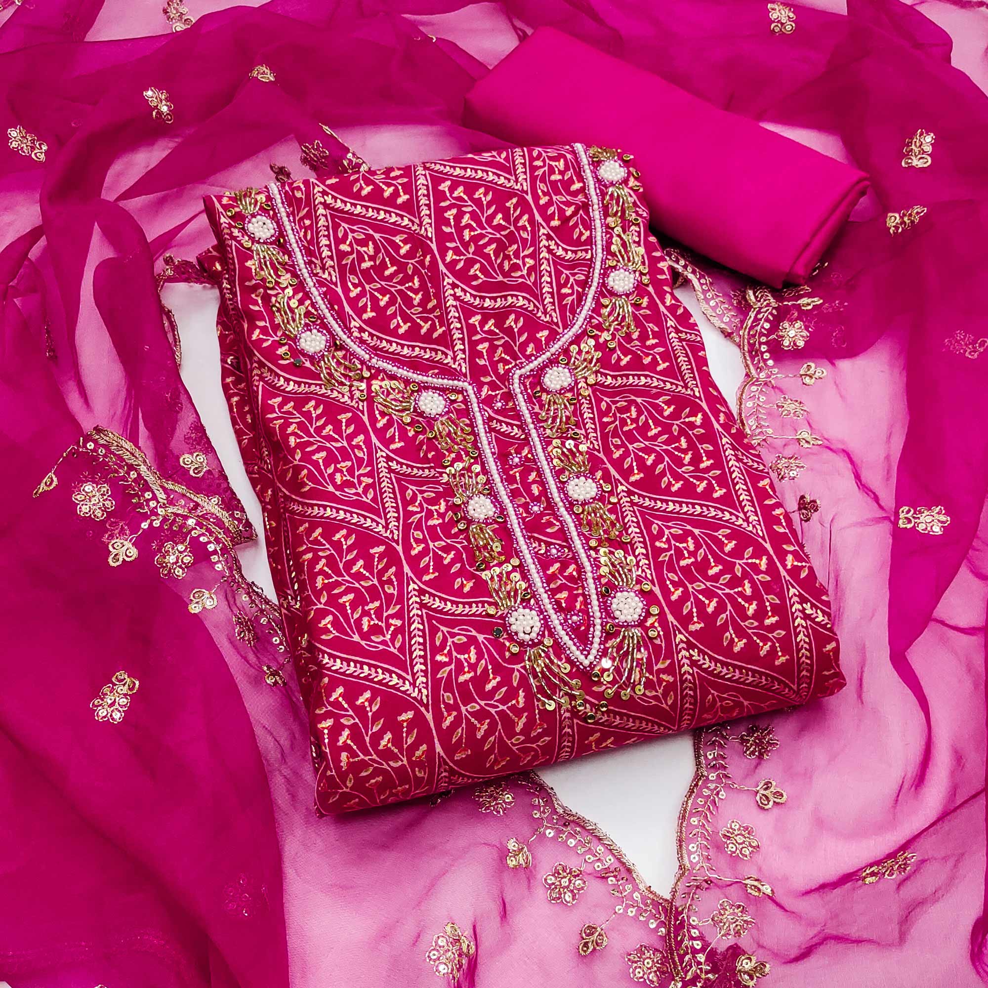 Rani Pink Foil Printed With Handwork Cotton Roman Silk Dress Material