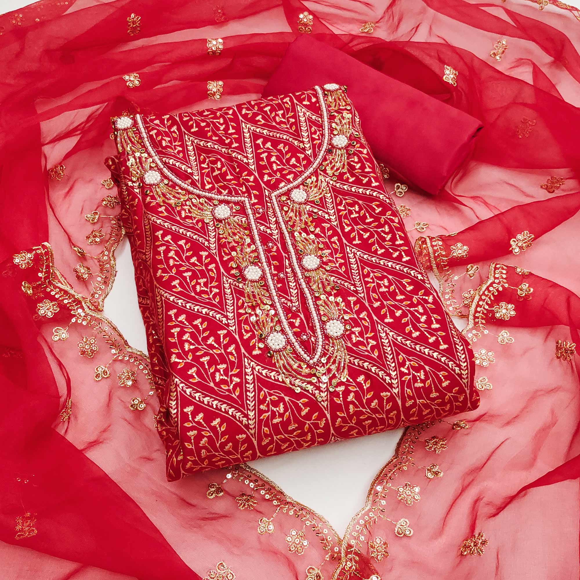 Red Foil Printed With Handwork Cotton Roman Silk Dress Material