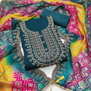 Morpich Floral Embroidery With Stonework Roman Cotton Silk Dress Material