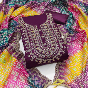 Wine Floral Embroidery With Stonework Roman Cotton Silk Dress Material