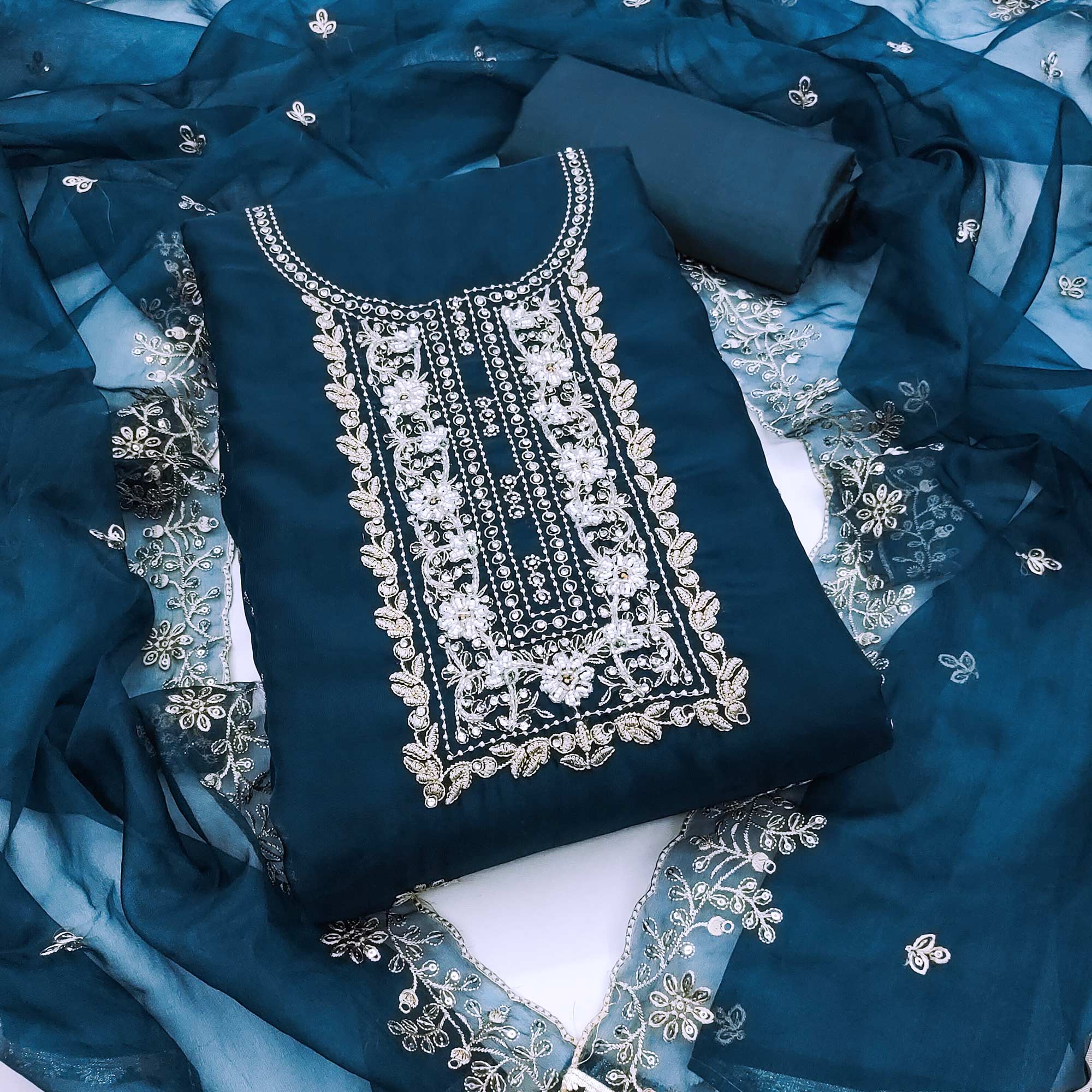 Morpich Floral Handwork Embroidery Viscose Organza Dress Material