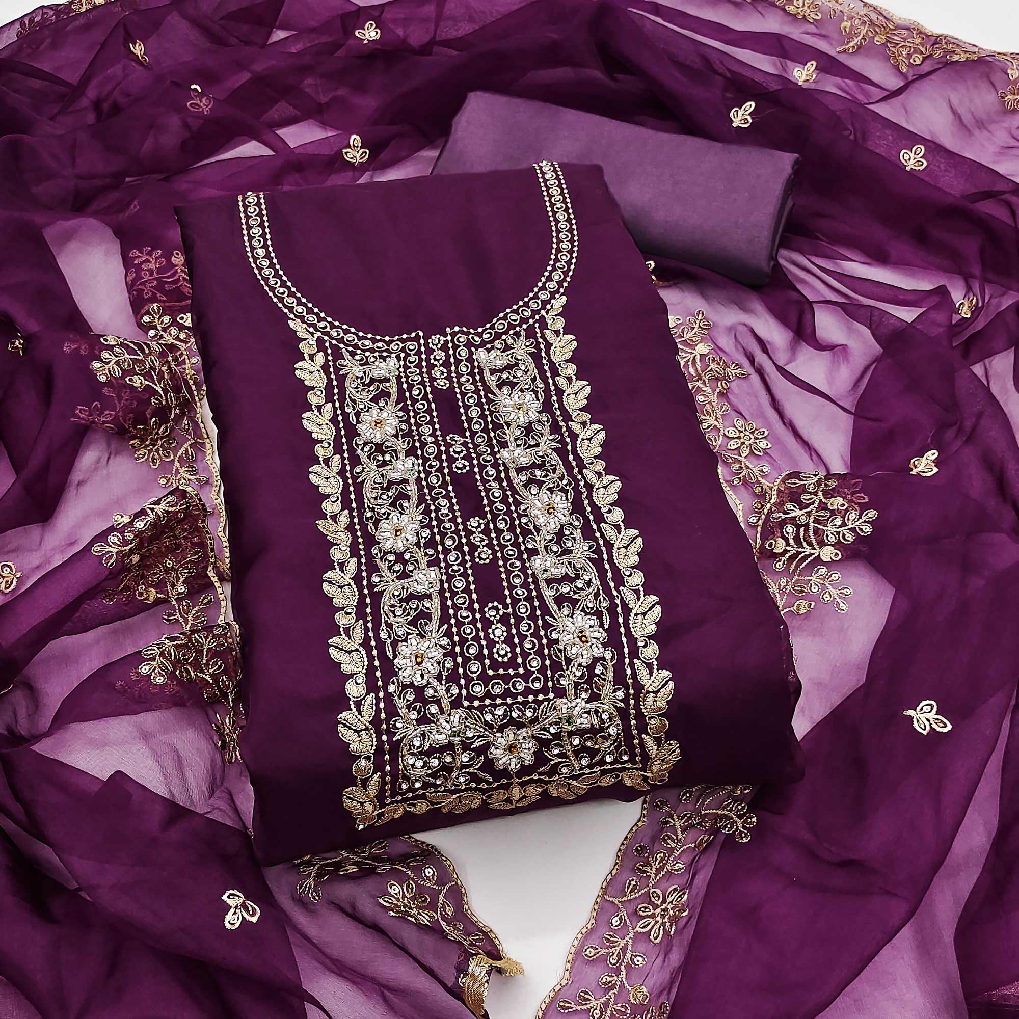 Wine Floral Handwork Embroidery Viscose Organza Dress Material