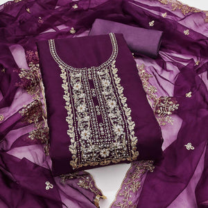 Wine Floral Handwork Embroidery Viscose Organza Dress Material