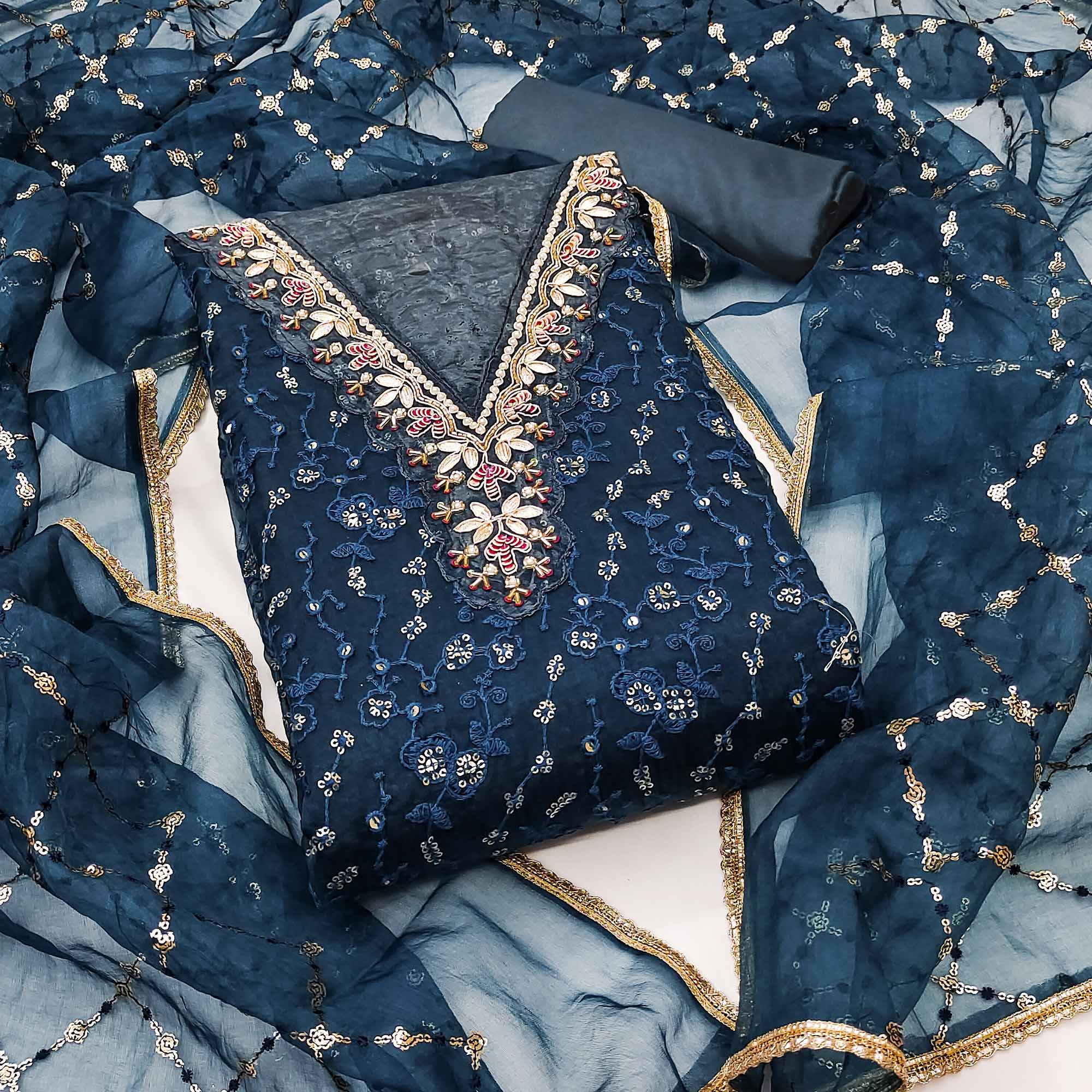 Blue Floral Sequins Embroidery With Handwork Organza Dress Material