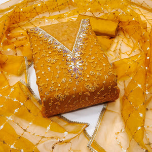 Mustard Floral Sequins Embroidery With Handwork Organza Dress Material