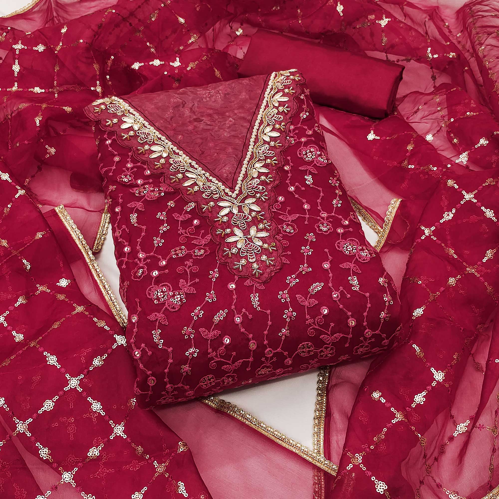 Pink Floral Sequins Embroidery With Handwork Organza Dress Material