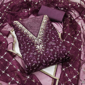 Wine Floral Sequins Embroidery With Handwork Organza Dress Material