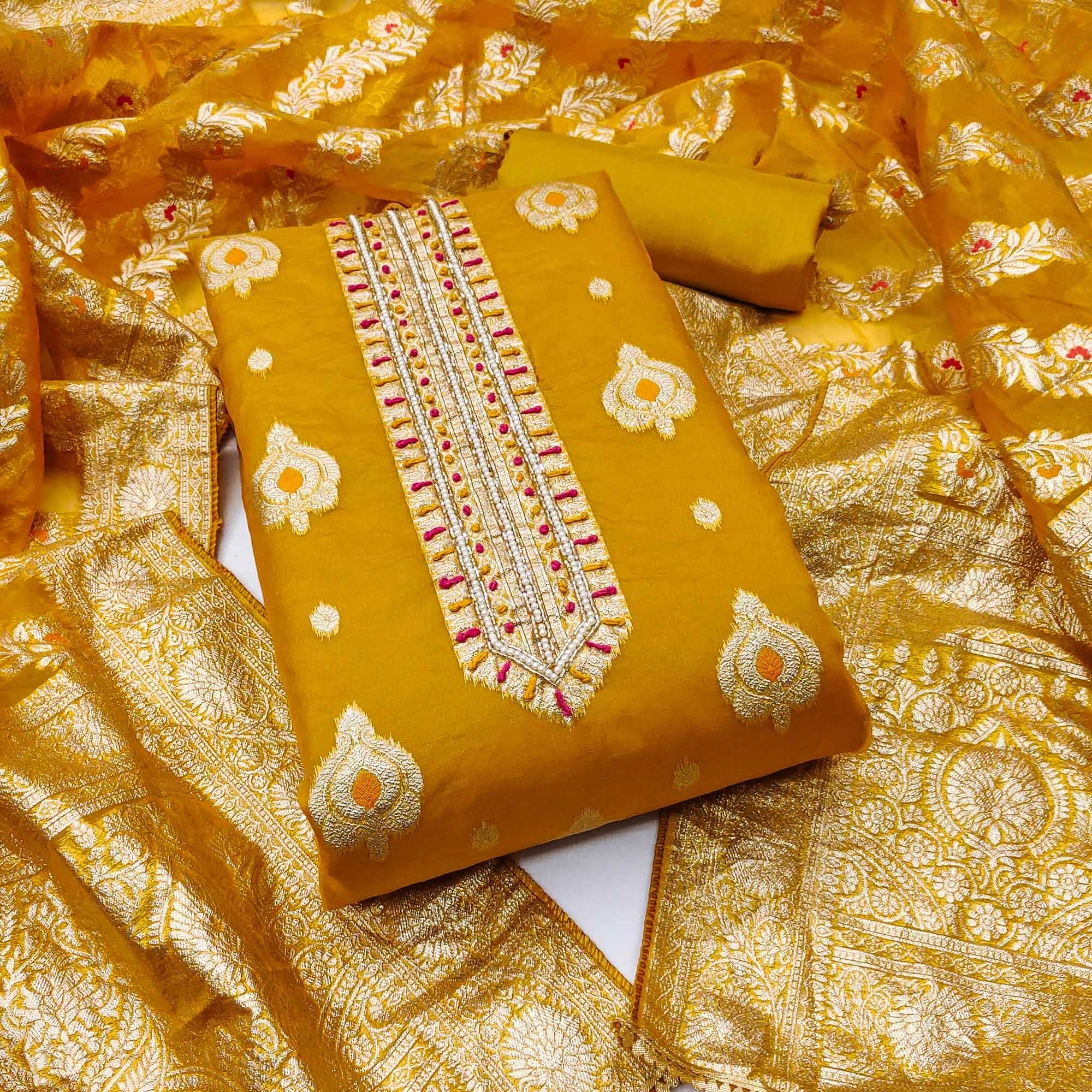 Mustard Woven With Handwork Organza Banarasi Dress Material