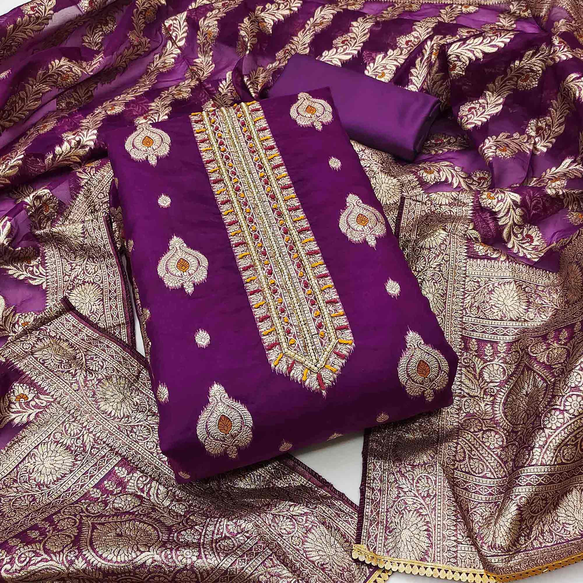 Purple Woven With Handwork Organza Banarasi Dress Material