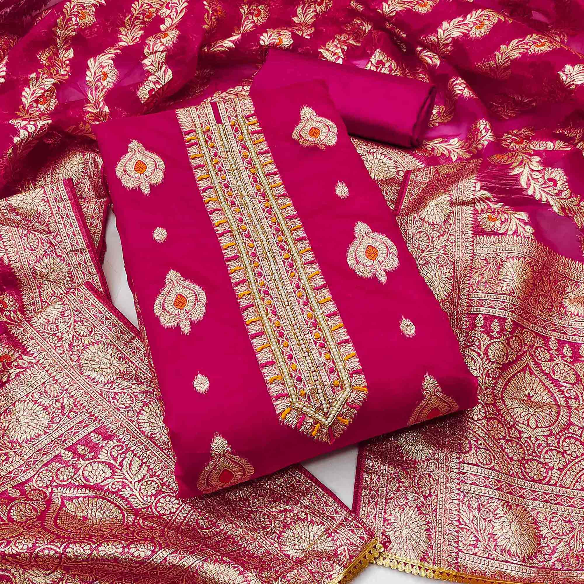 Rani Pink Woven With Handwork Organza Banarasi Dress Material