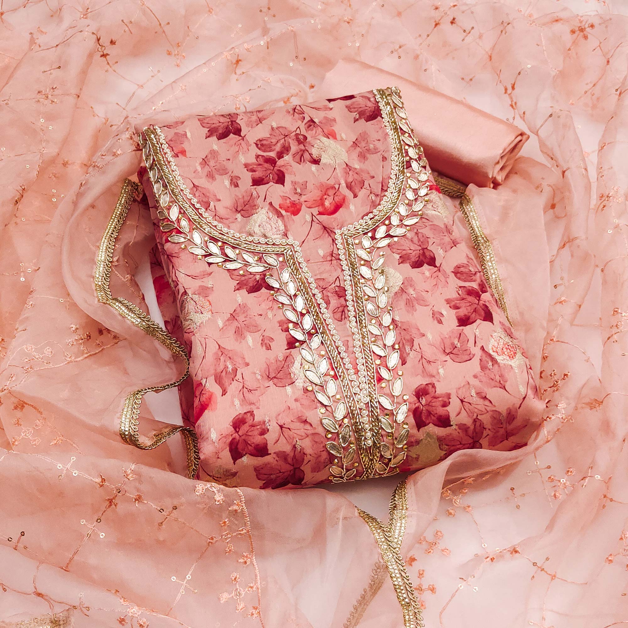 Peach Floral Woven With Handwork Viscose Banarasi Dress Material