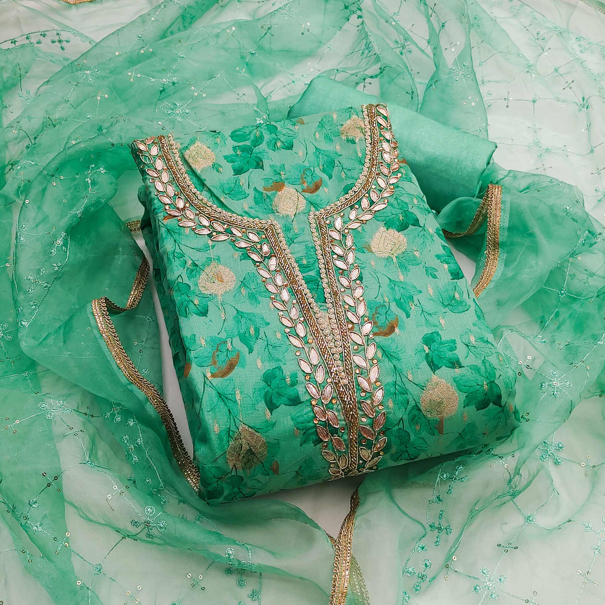 Sea Green Floral Woven With Handwork Viscose Banarasi Dress Material