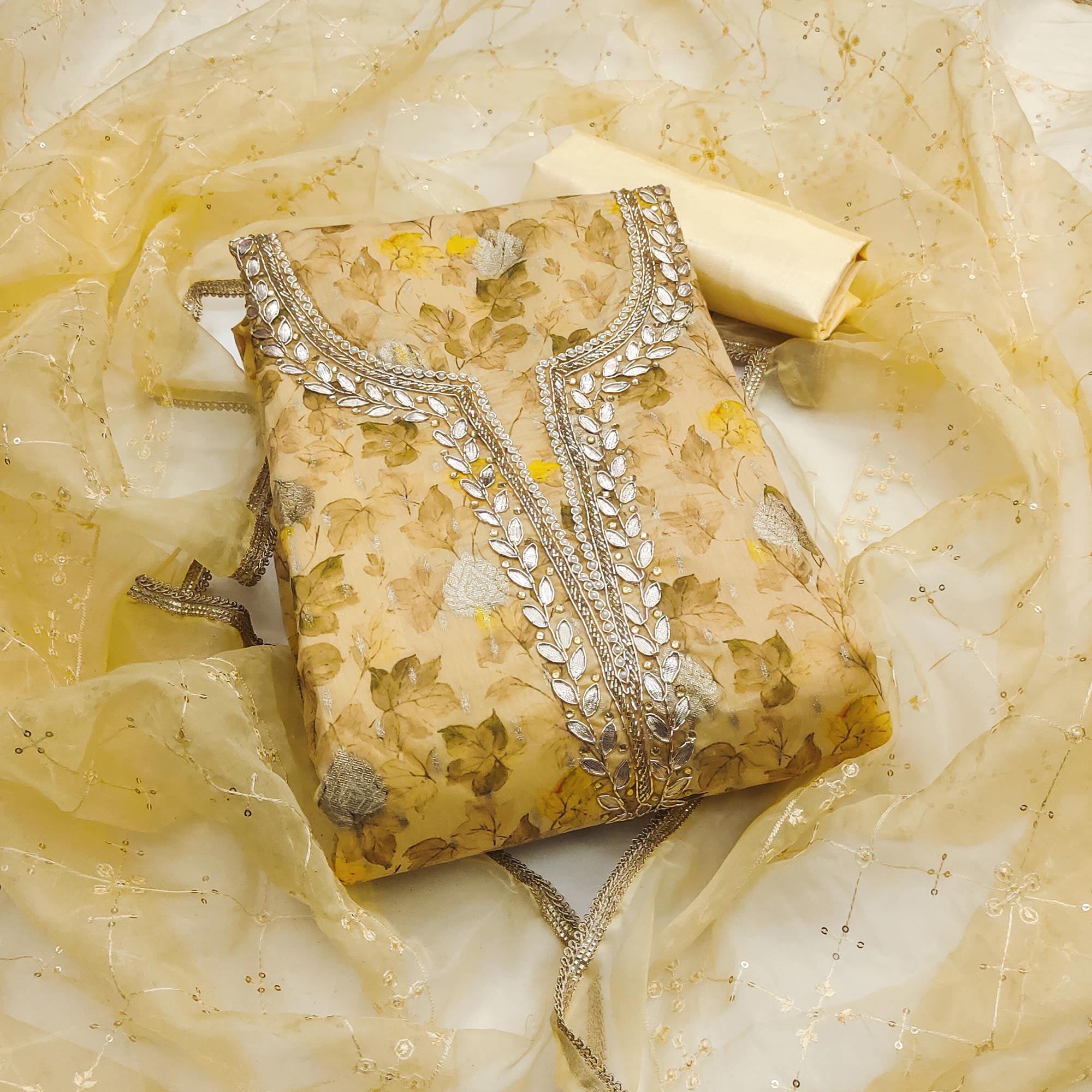 Yellow Floral Woven With Handwork Viscose Banarasi Dress Material