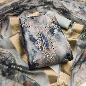 Blue Floral Printed With Handwork Muslin Dress Material