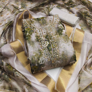 Green Floral Printed With Handwork Muslin Dress Material