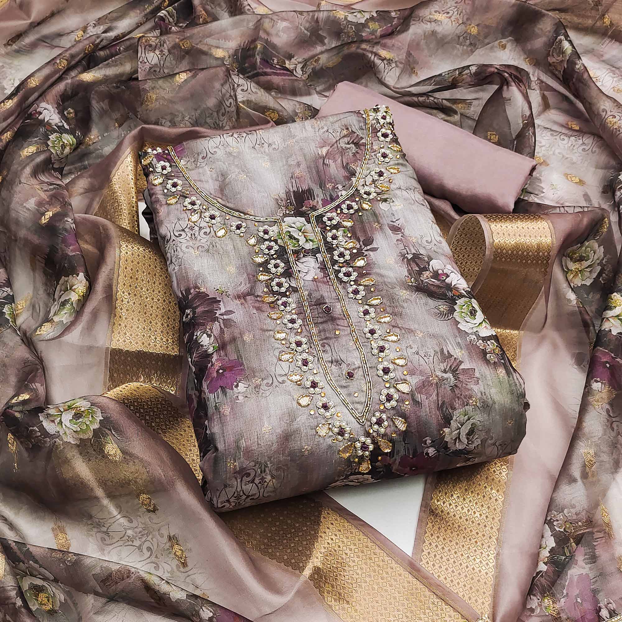 Wine Floral Printed With Handwork Muslin Dress Material