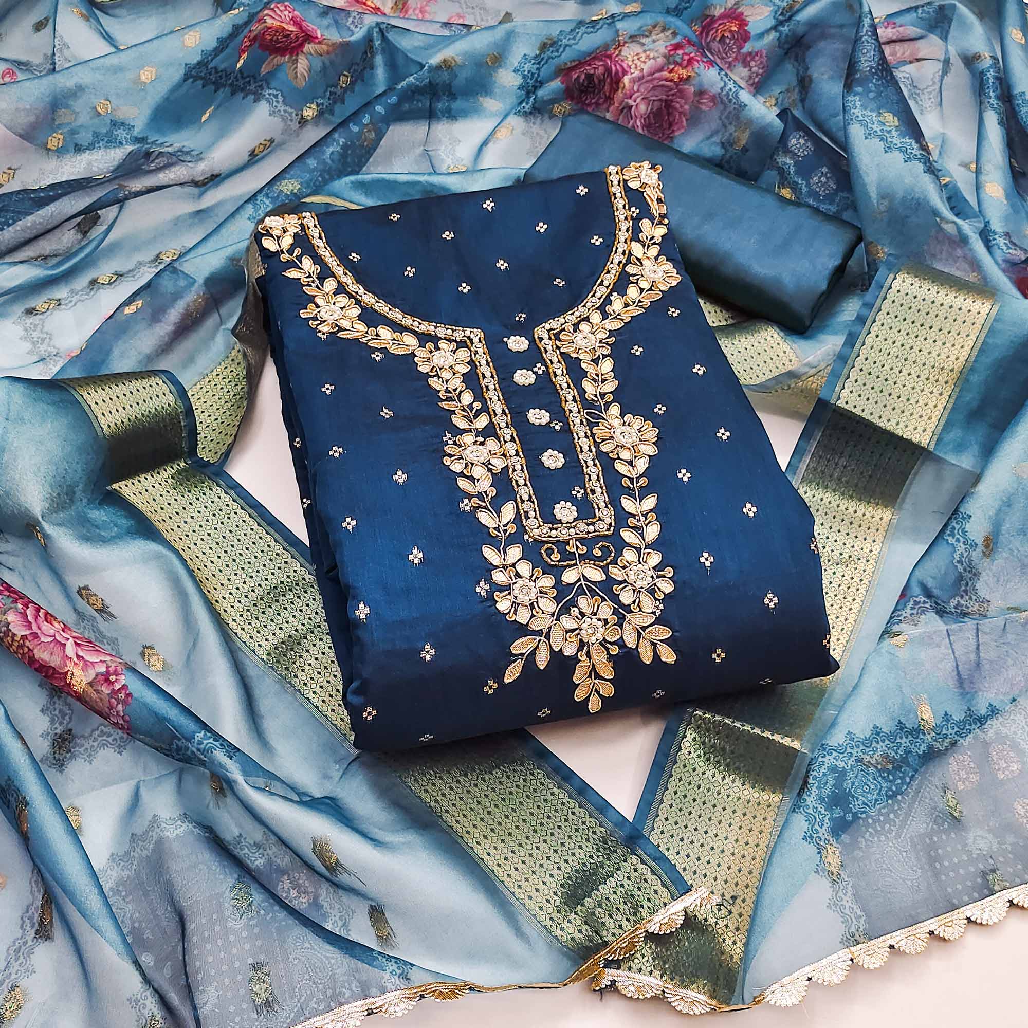 Blue Floral Moti With Gota Patti Handwork Banaarasi Silk Dress Material