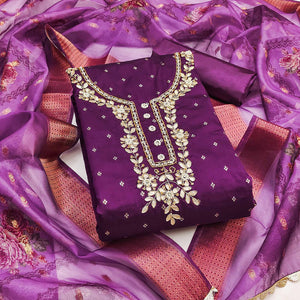 Purple Floral Moti With Gota Patti Handwork Banaarasi Silk Dress Material