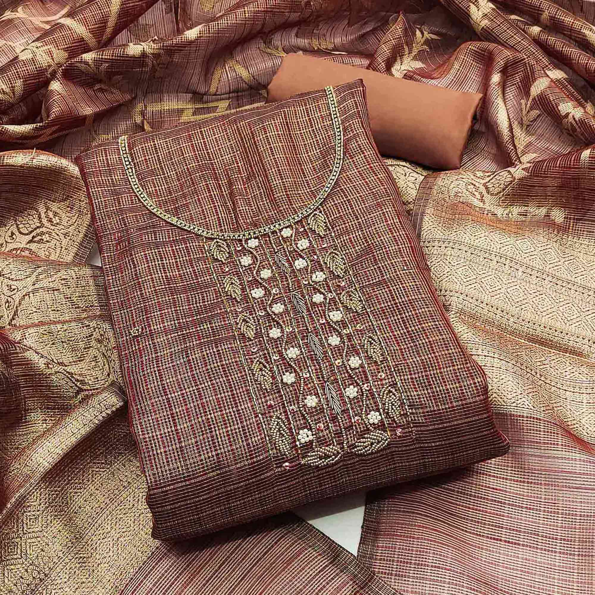 Brown Floral Handwork With Woven Viscose Dress Material