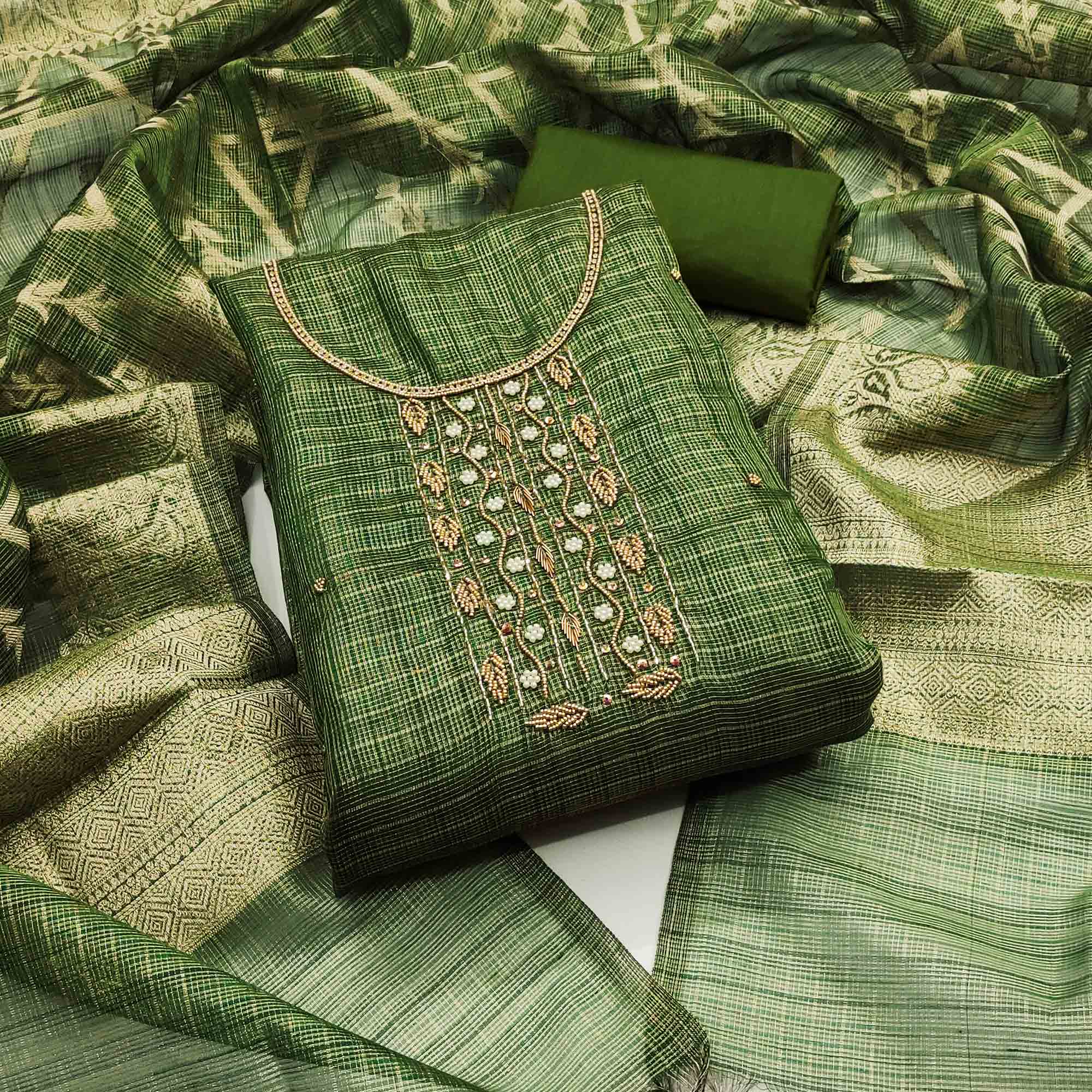 Green Floral Handwork With Woven Viscose Dress Material