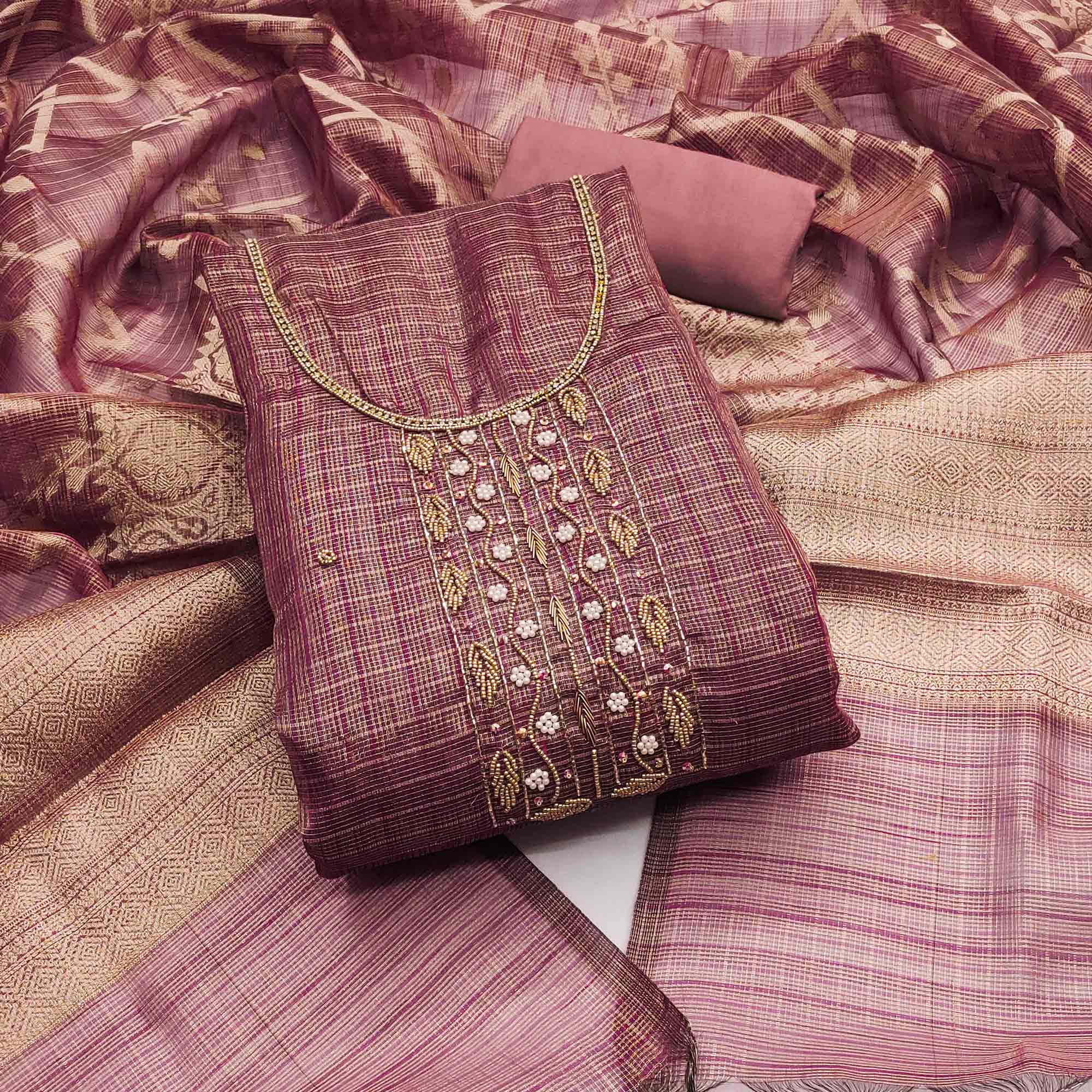 Mauve Floral Handwork With Woven Viscose Dress Material