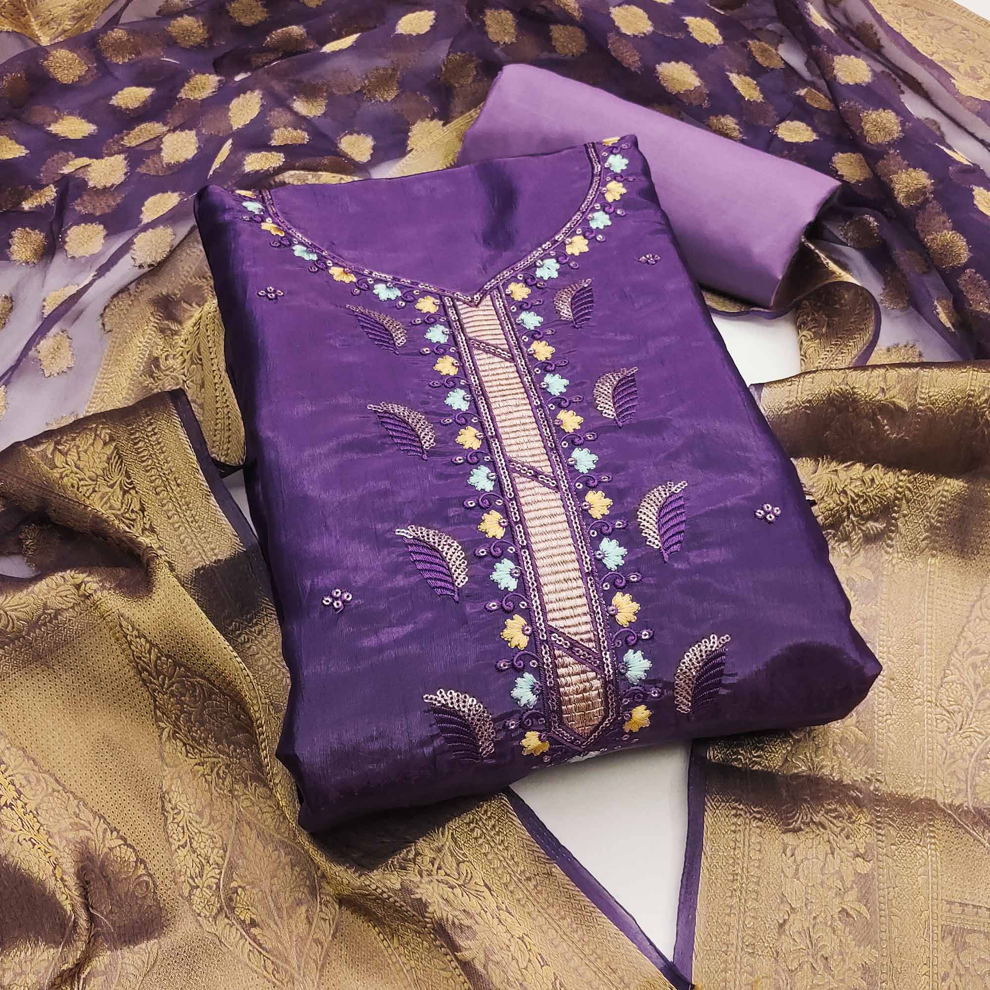 Violet Floral Sequins Embroidered Viscose Dress Material