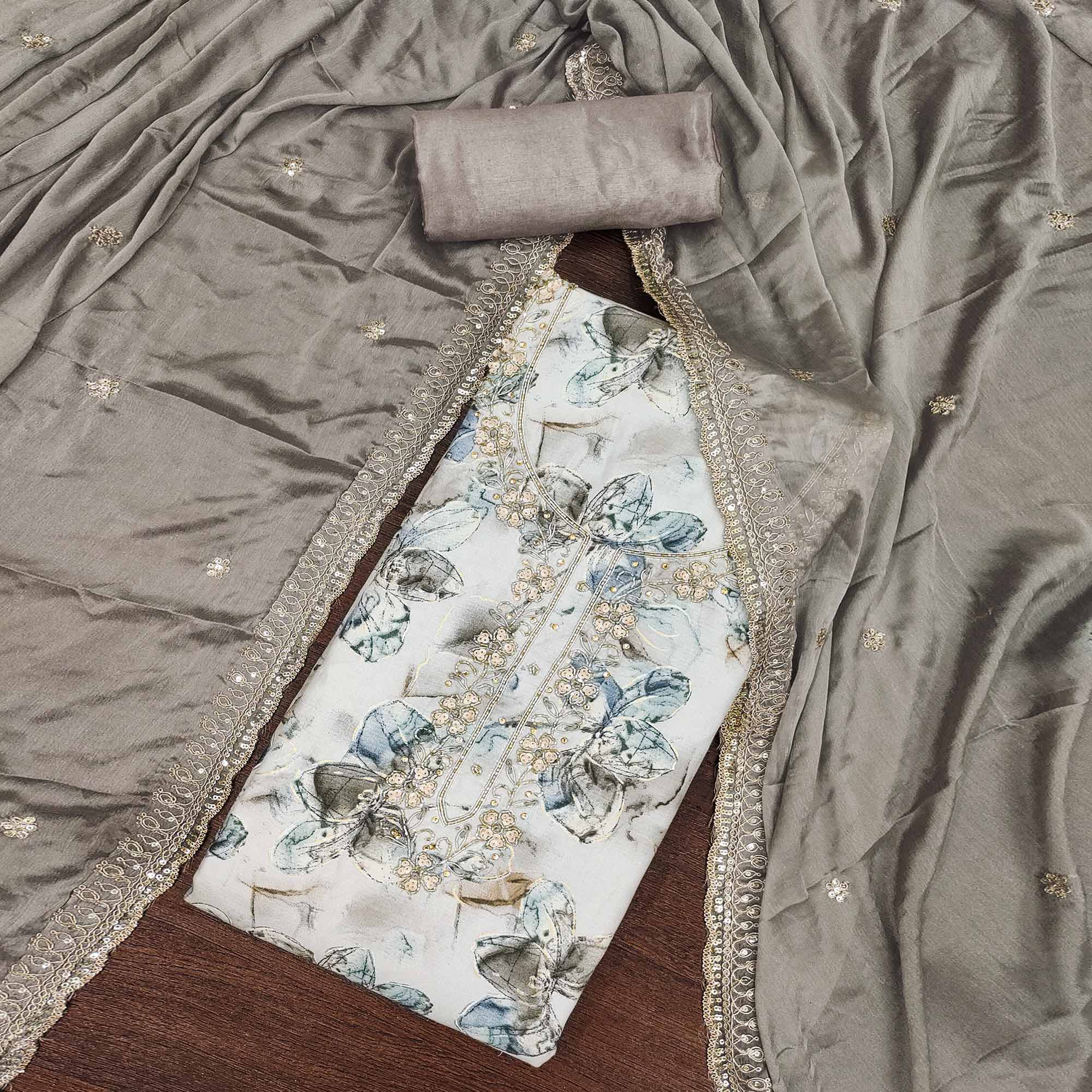 4Grey Floral Printed With Handwork Pure Cotton Dress Material