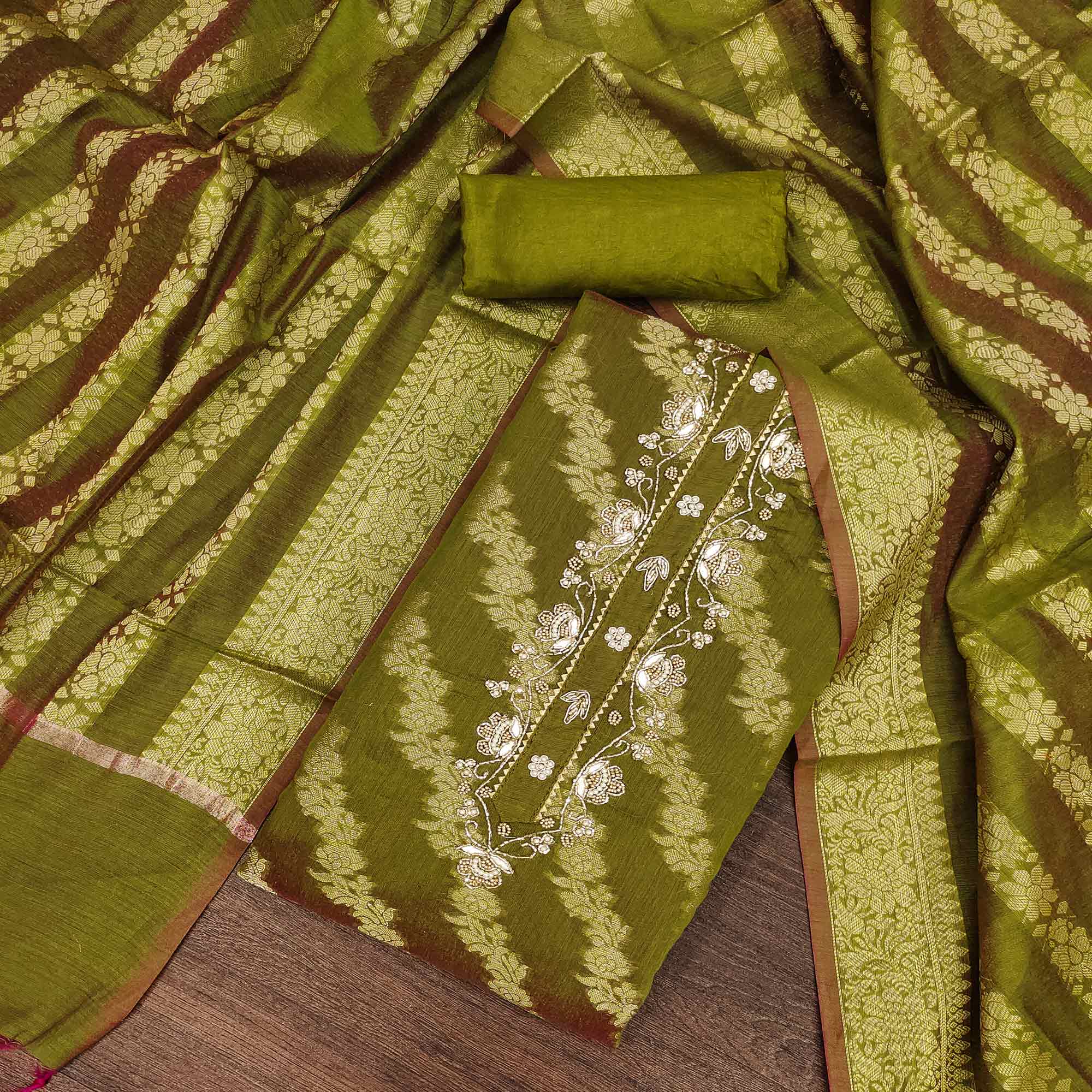 Green Floral Woven With Handwork Banarasi Silk Dress Material