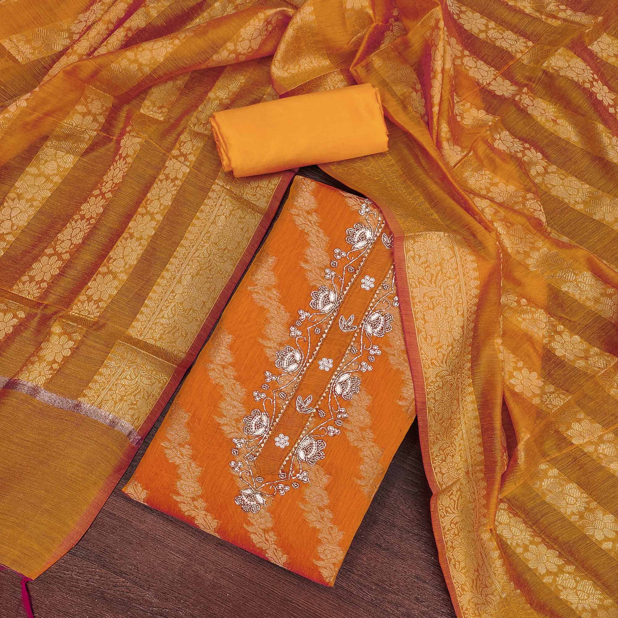 Orange  Floral Woven With Handwork Banarasi Silk Dress Material