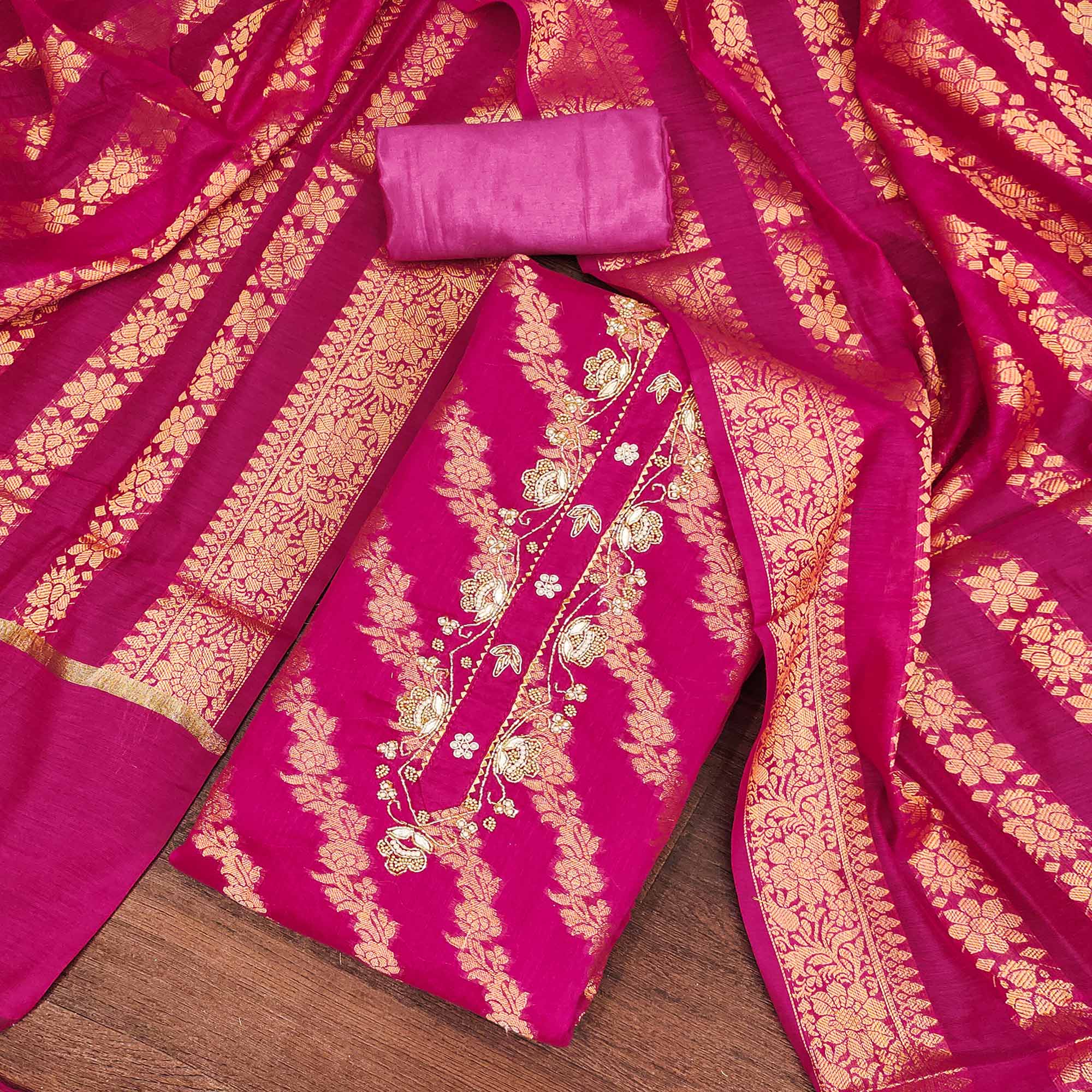 Rani Pink Floral Woven With Handwork Banarasi Silk Dress Material