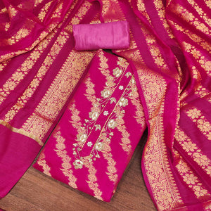 Rani Pink Floral Woven With Handwork Banarasi Silk Dress Material