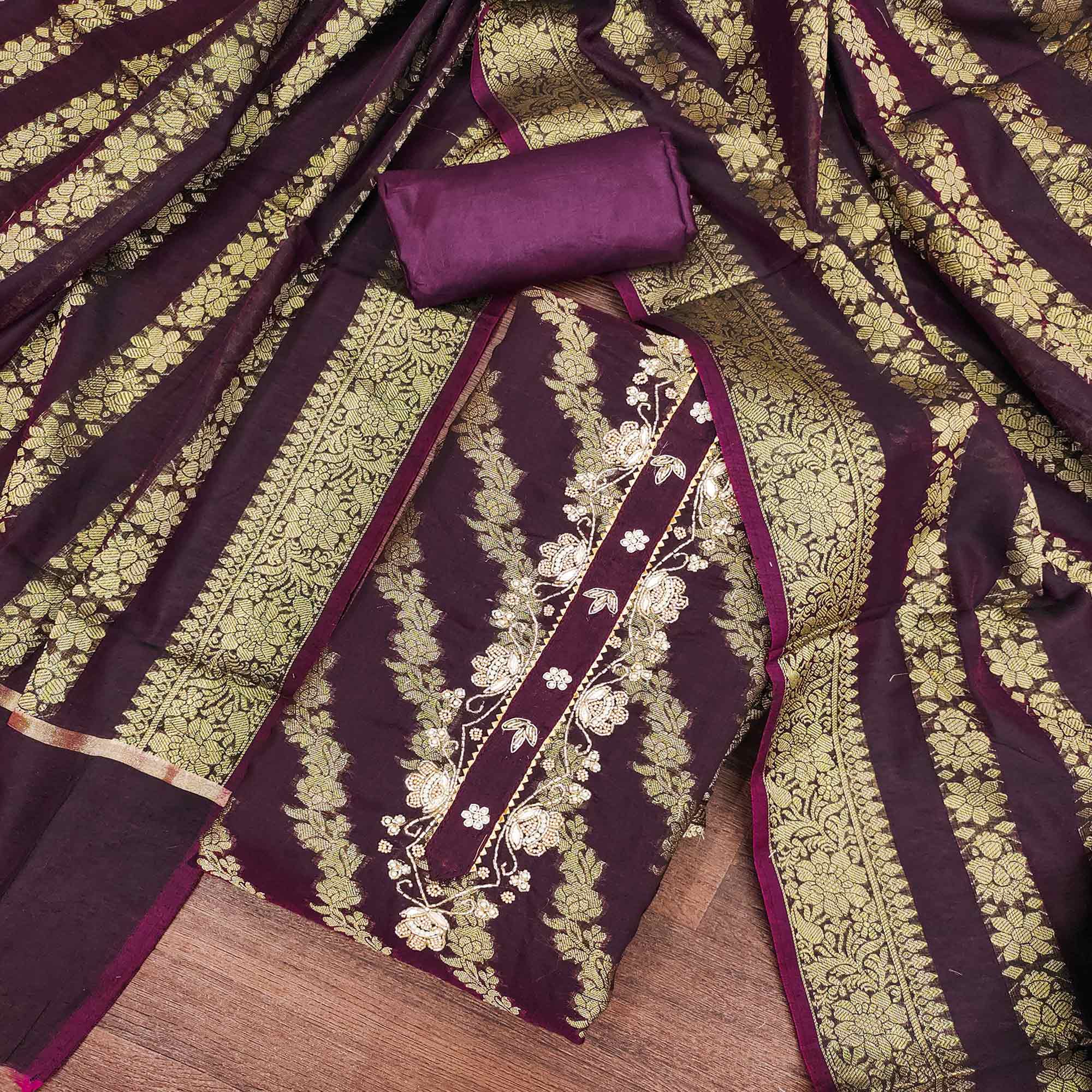 Wine Floral Woven With Handwork Banarasi Silk Dress Material