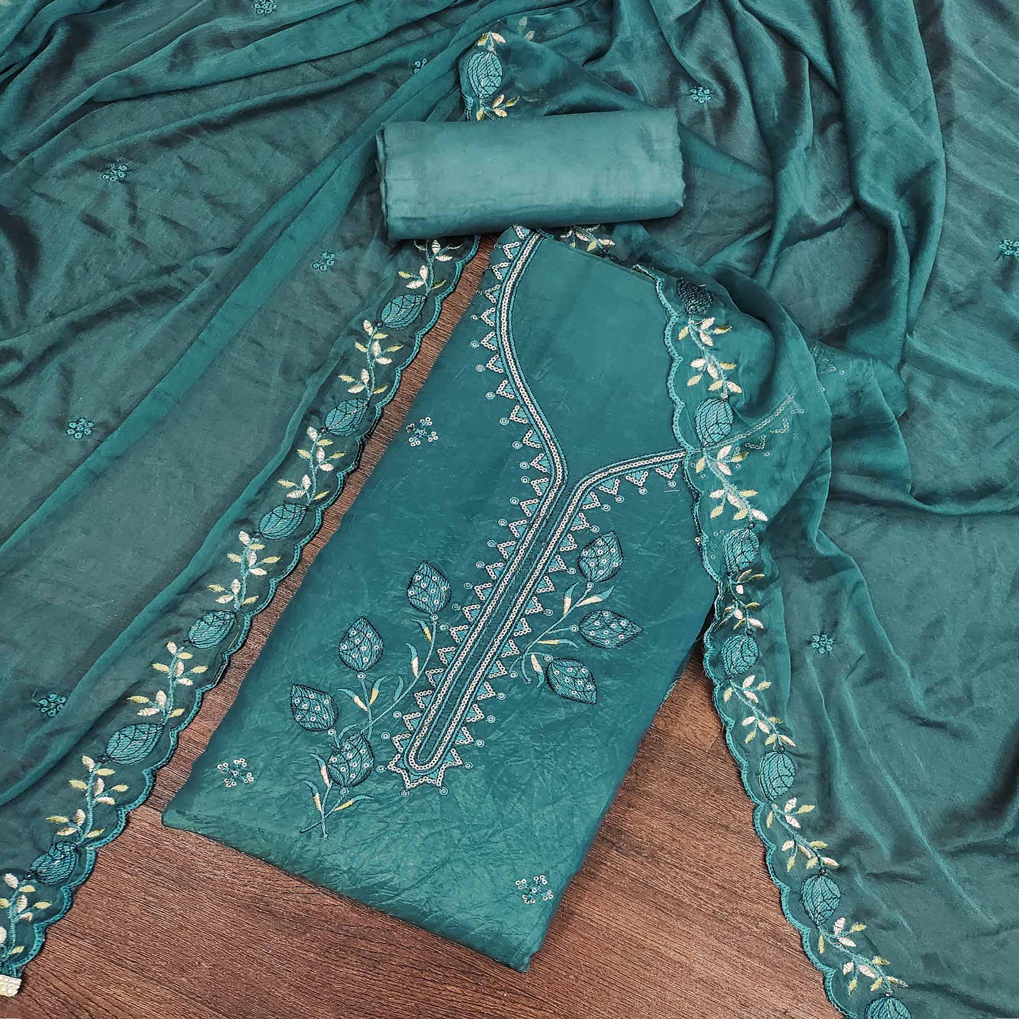 Teal Floral Sequins Embroidered Viscose Golden Crush Dress Material