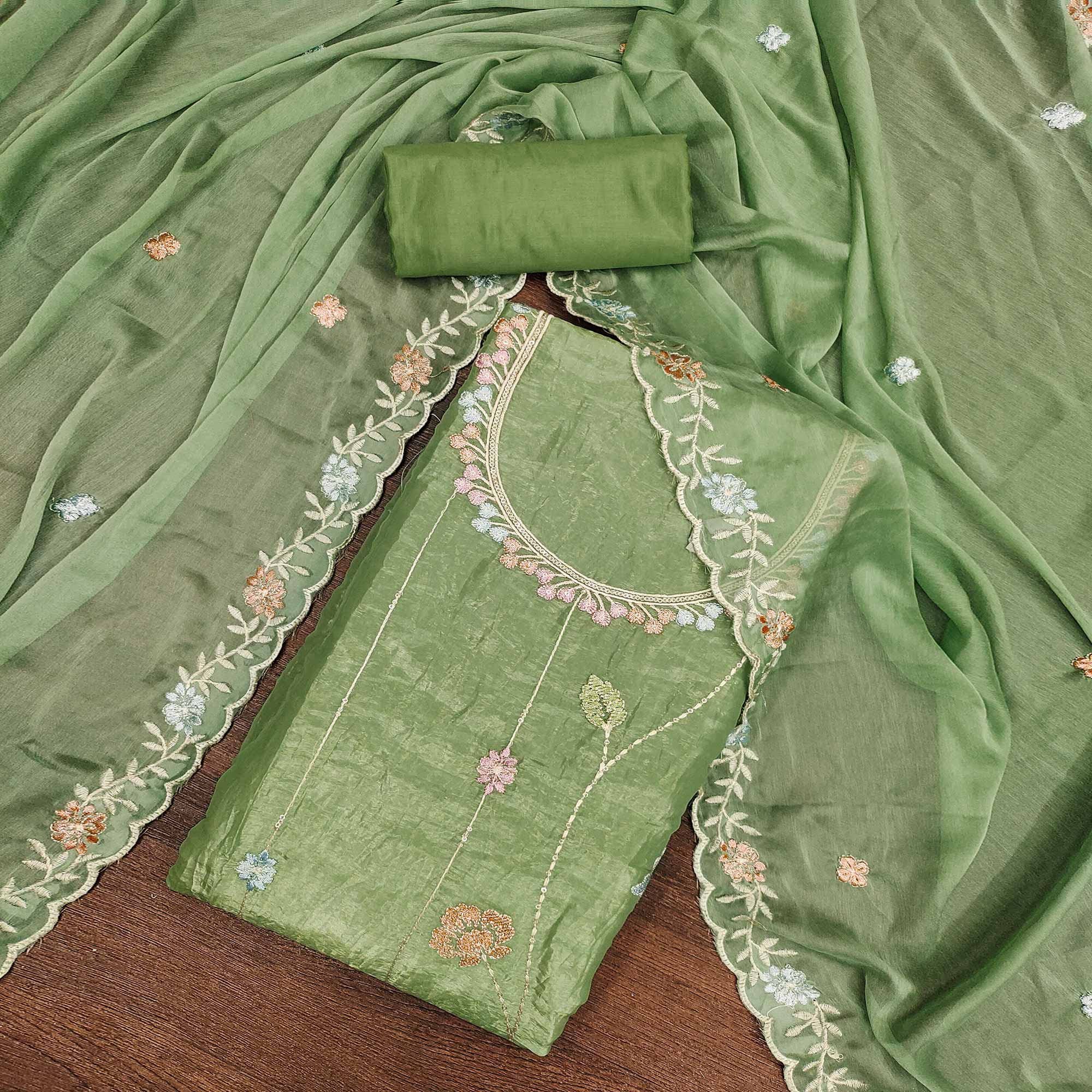 Green Floral Sequins Embroidered Viscose Golden Crush Dress Material