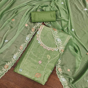 Green Floral Sequins Embroidered Viscose Golden Crush Dress Material