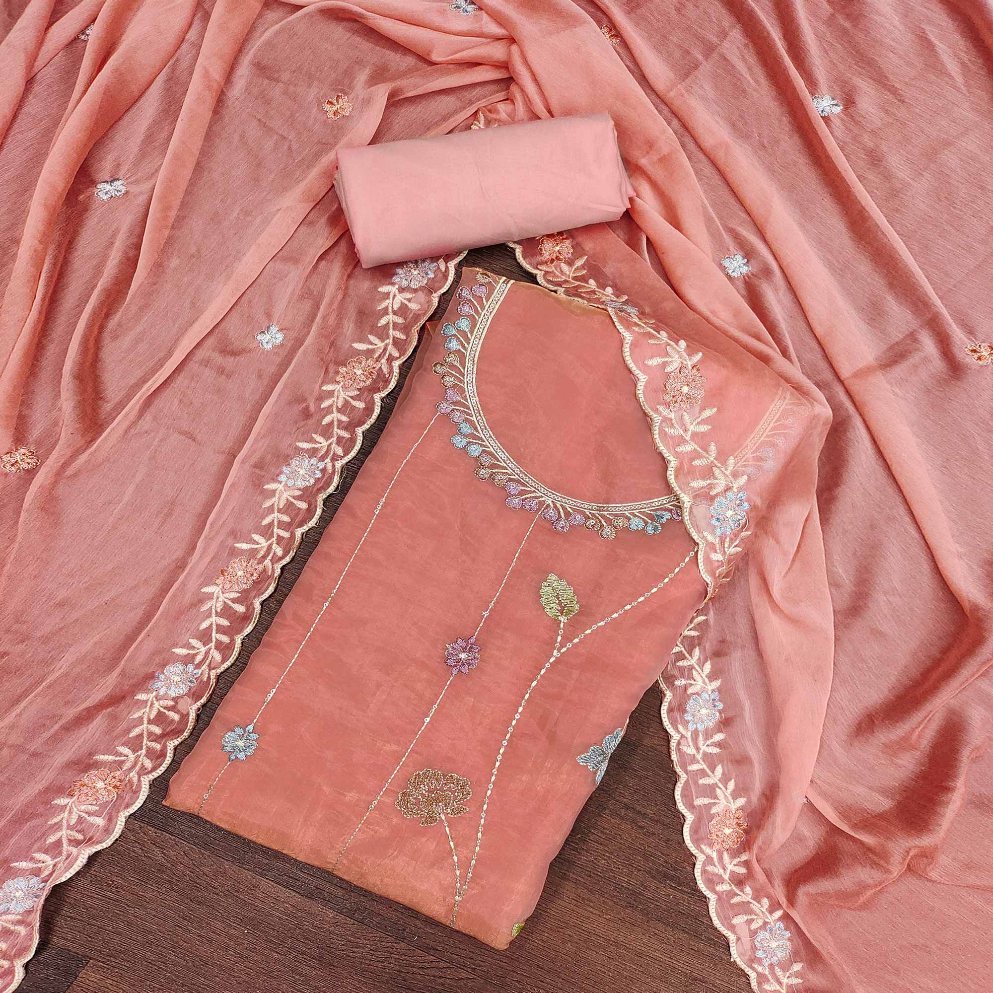 Peach Floral Sequins Embroidered Viscose Golden Crush Dress Material